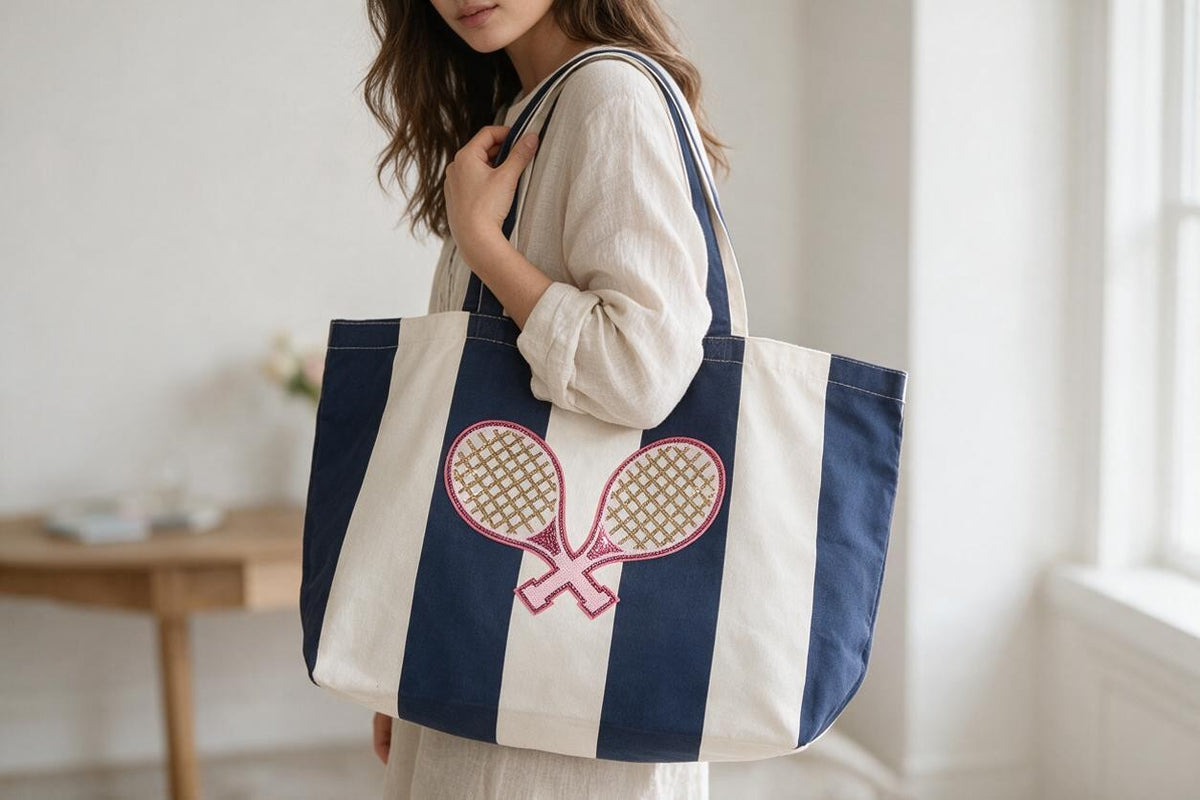Overside Duffle Bag- Navy striped/ tennis rackets
