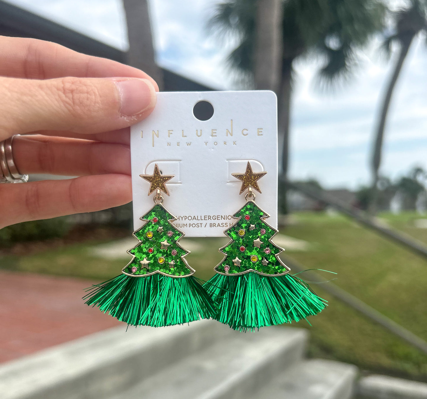 Christmas Tree Enamel Metalic Tassel Post Earrings
