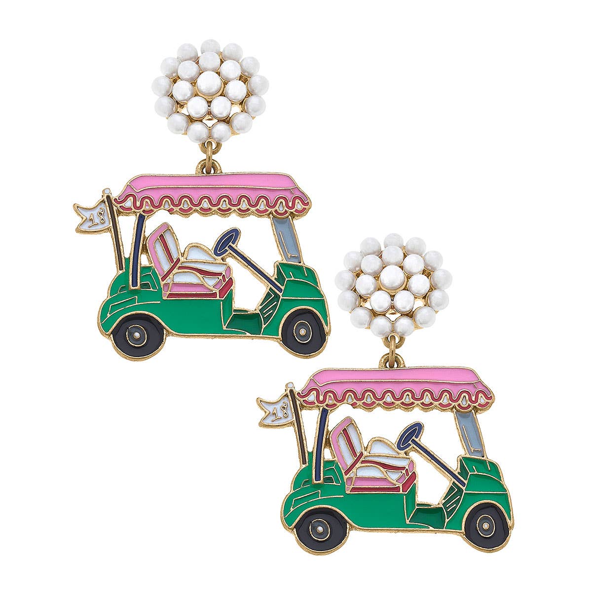 Earrings- 19th Hole Golf Cart Enamel Earrings in Pink & Green