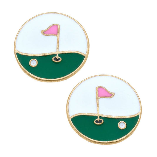 Earrings- Hole in One Enamel Golf Stud Earrings in Green