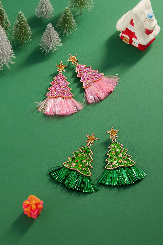 Christmas Tree Enamel Metalic Tassel Post Earrings