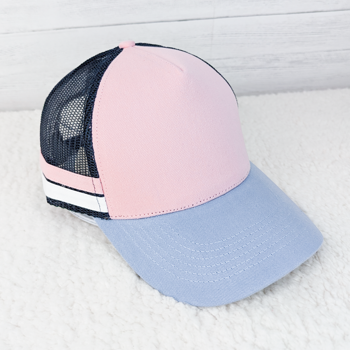 Pink and Navy Trucker Style Hat-Lines Are In