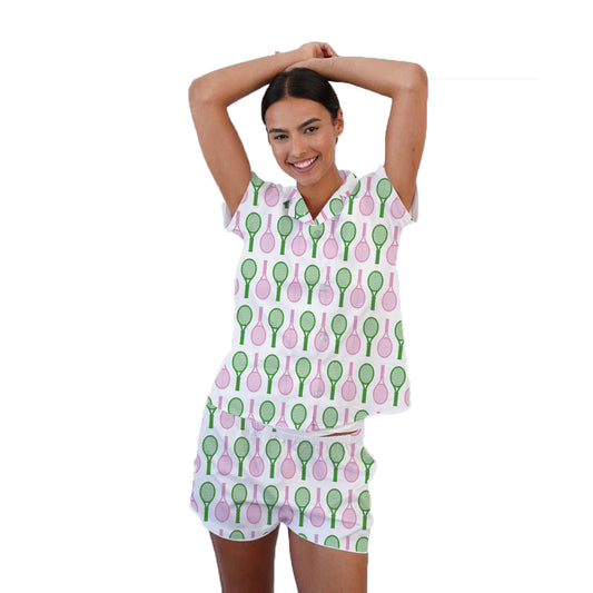 Pajama Short Set - Pink & Green Tennis