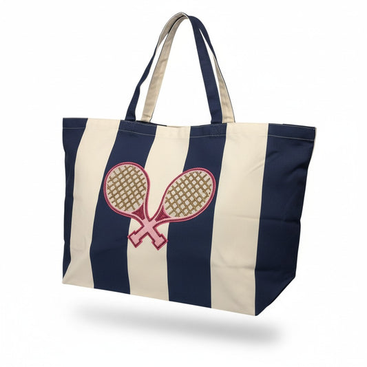 Overside Duffle Bag- Navy striped/ tennis rackets