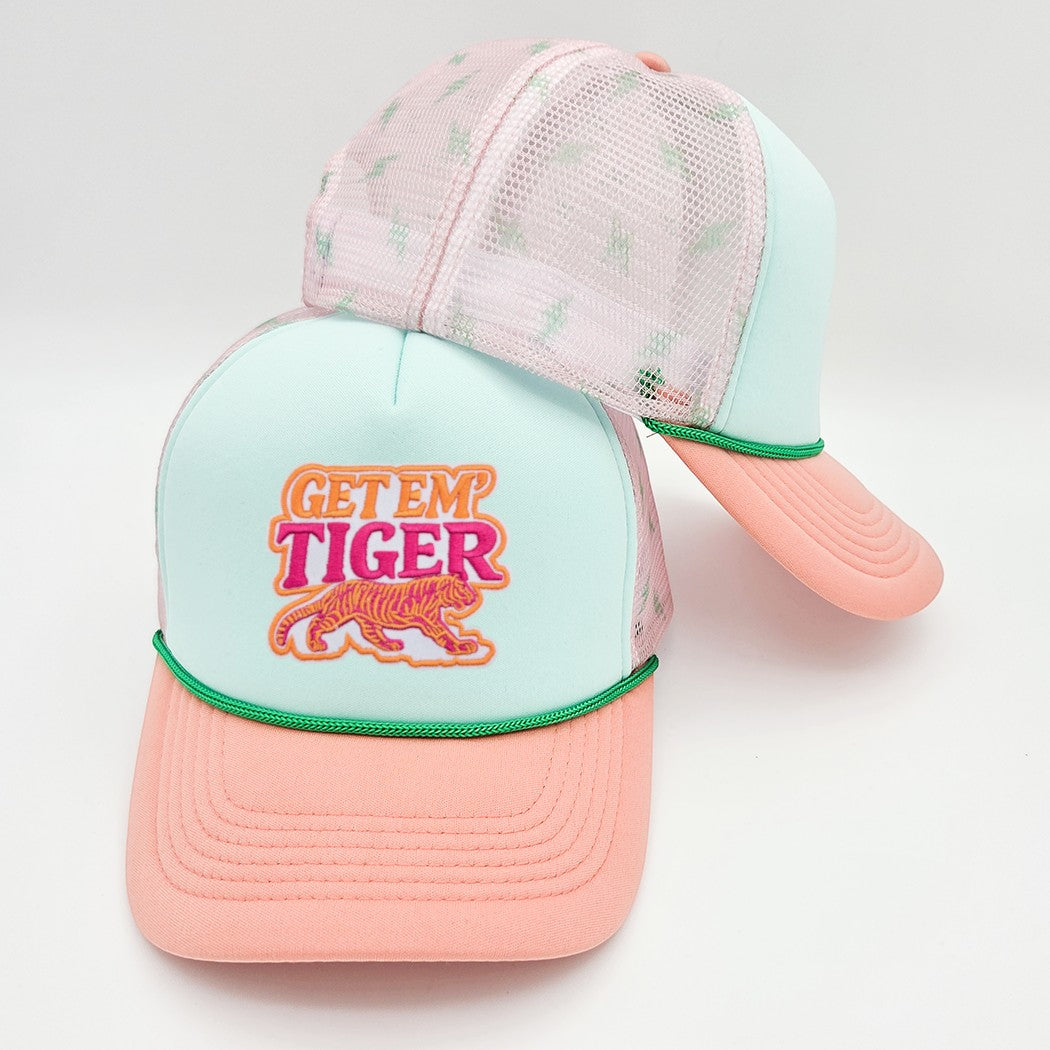 Bibi's Unique Boutique mint and peach foam trucker hat with pastel pink lightning bolt mesh and green accent piping.