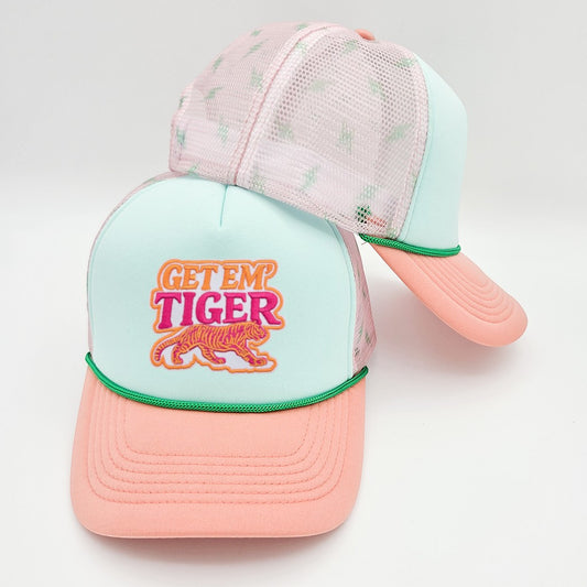 Bibi's Unique Boutique mint and peach foam trucker hat with pastel pink lightning bolt mesh and green accent piping.