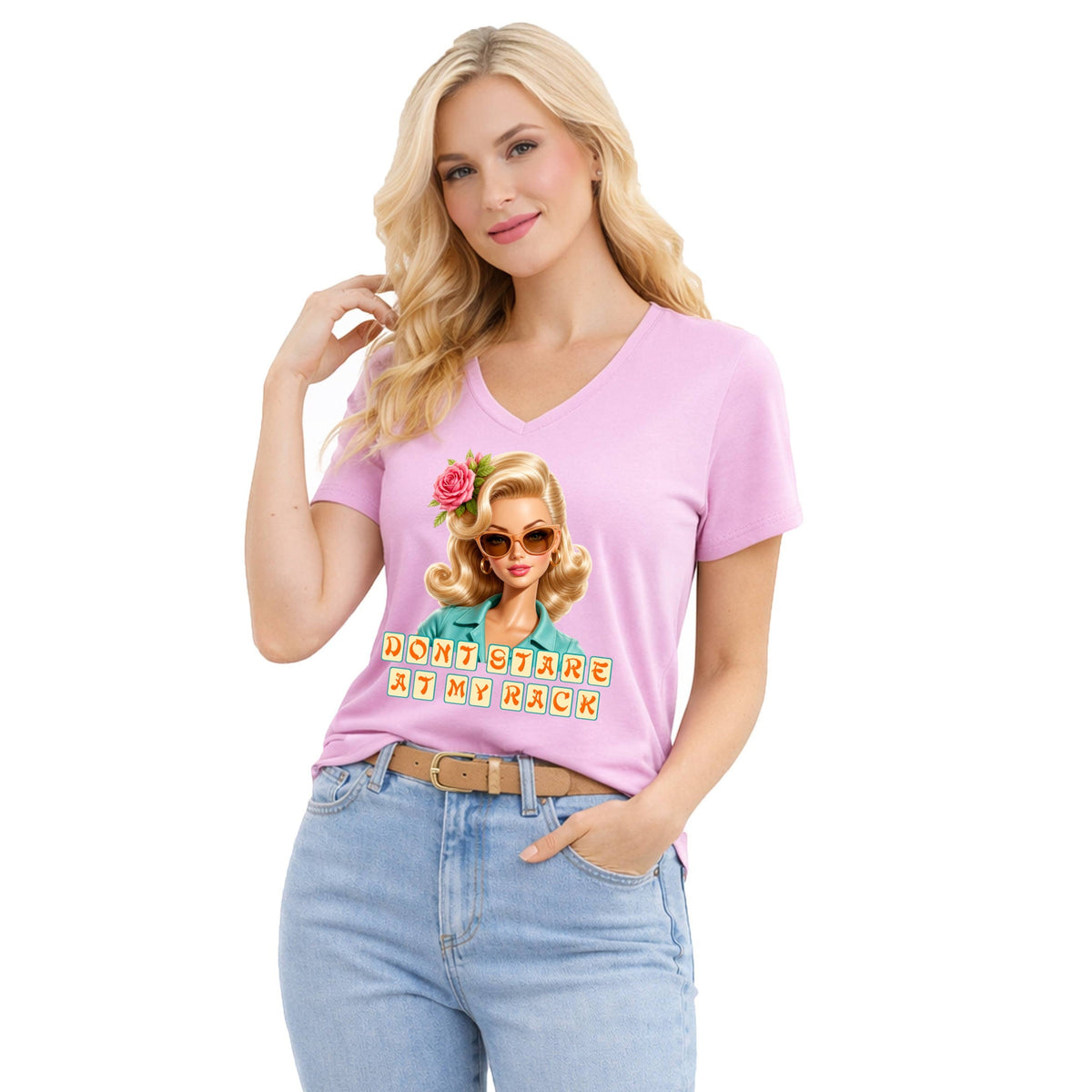 Bibi's Unique Boutique pink cotton V-neck t-shirt featuring a retro pin-up graphic and Don't Stare At My Rack text.