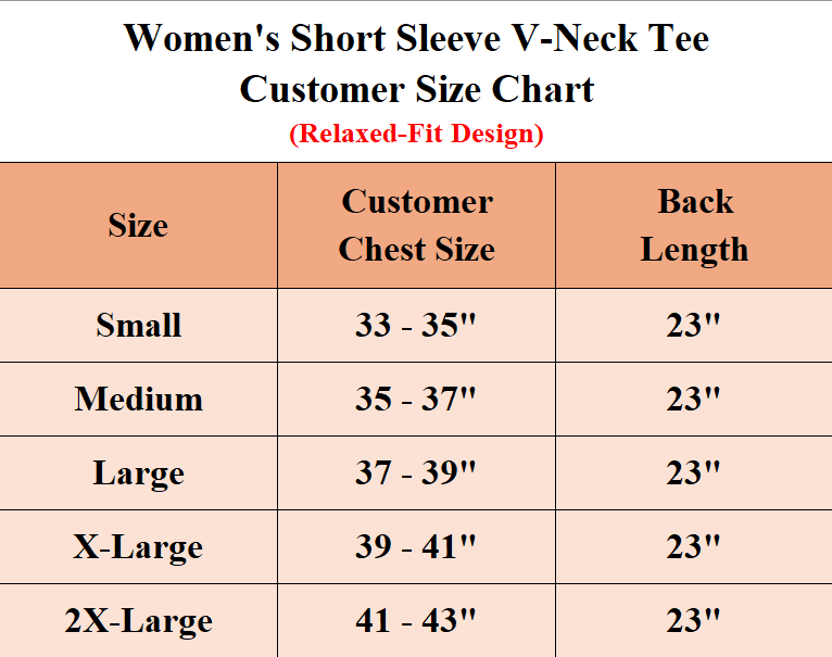 Bibi's Unique Boutique size chart for women's relaxed fit short sleeve V-neck cotton t-shirt with measurements