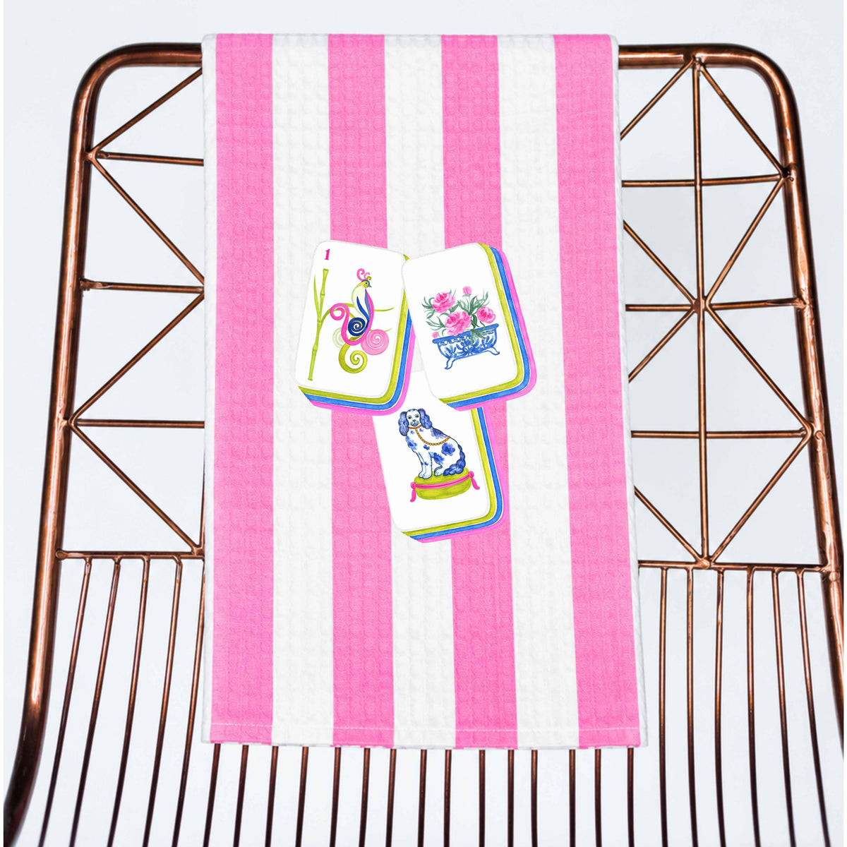 Mahjong gift towel tile pink stripe microfiber