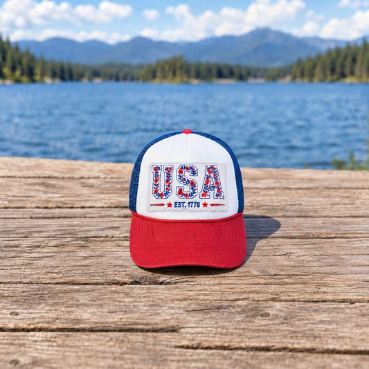 Red, White, & Blue Foam Trucker Hat- Floral USA