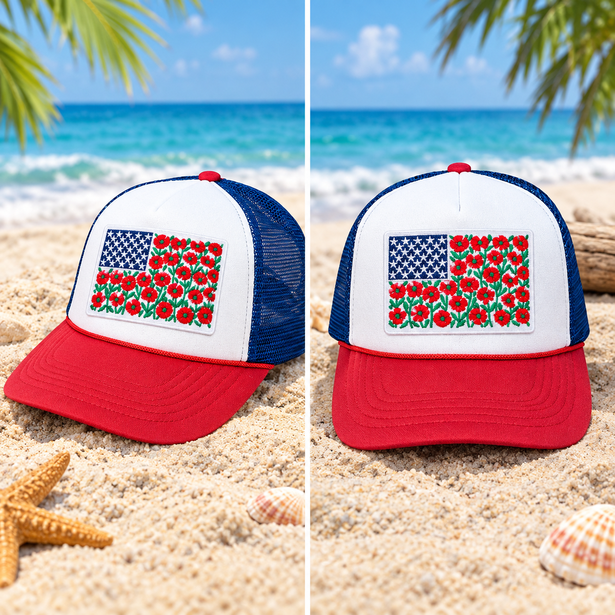 Red, White, & Blue Foam Trucker Hat- Floral Flag