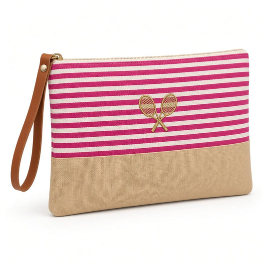Nautical Stripe Canvas Pouch Bag Straw Wristlet Clutch- Embroidered