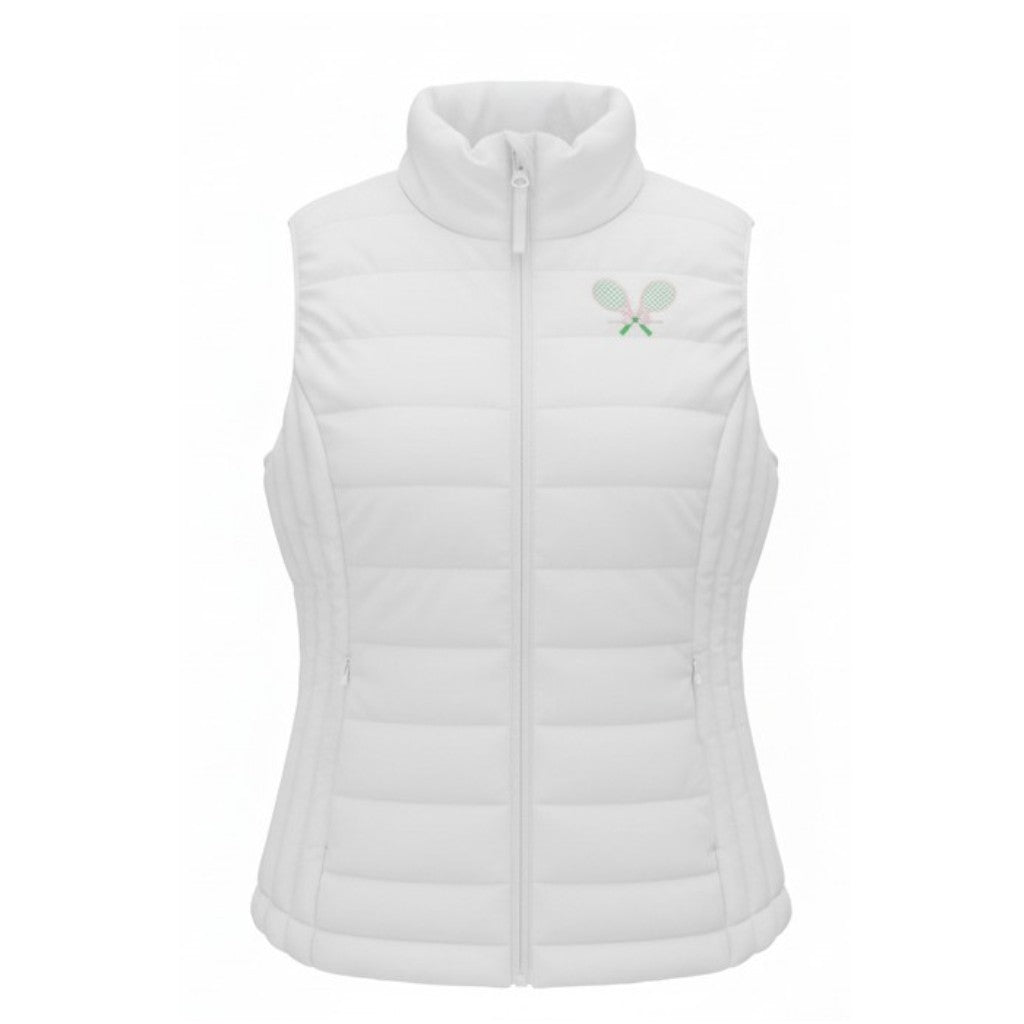 White vest- Pink/green tennis racquets